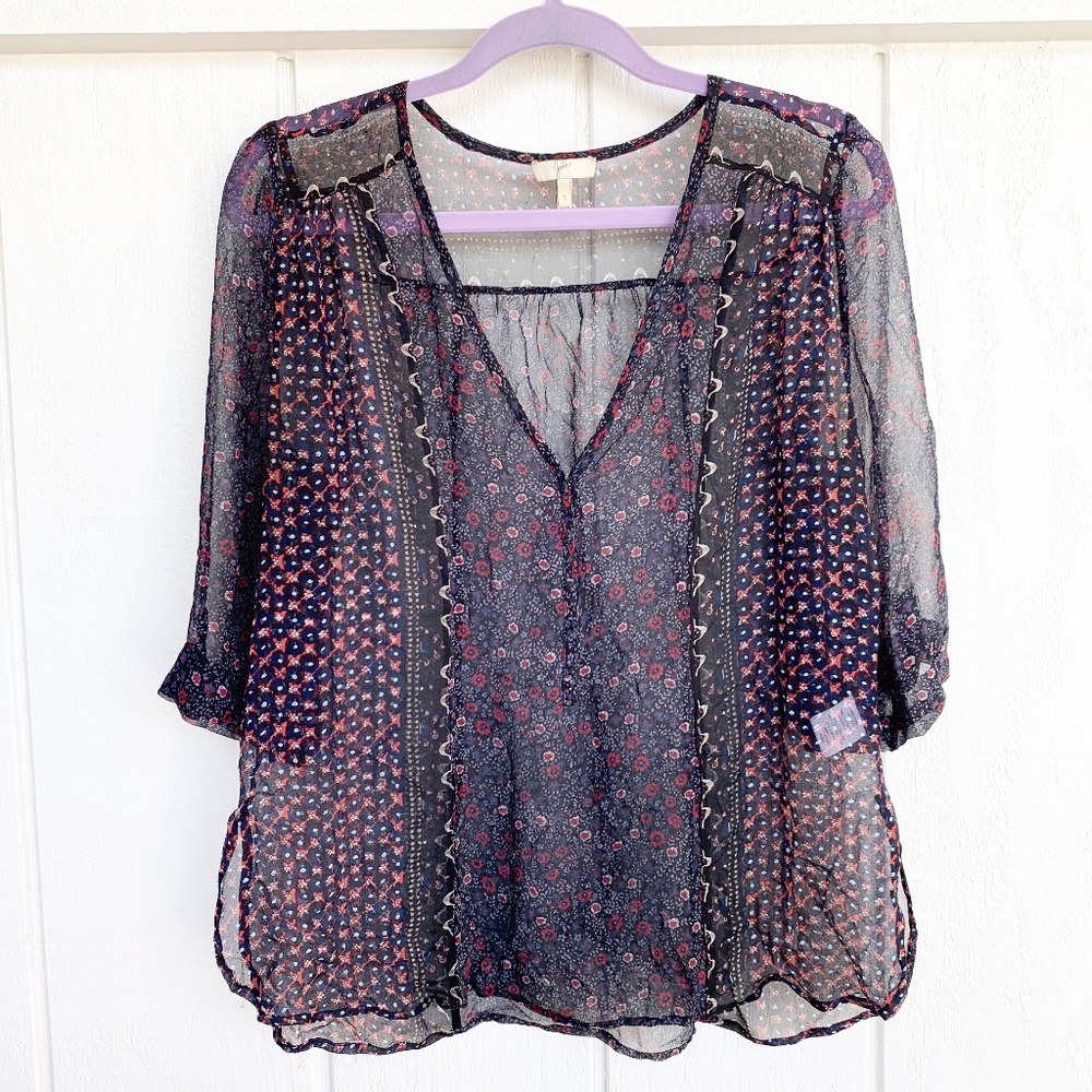 Joie 100% Silk Black Blue Sheer Blouse S